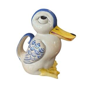 Vintage Porcelain Sassy Duck Pitcher Made in Portugal White Blue Ceramic 8"